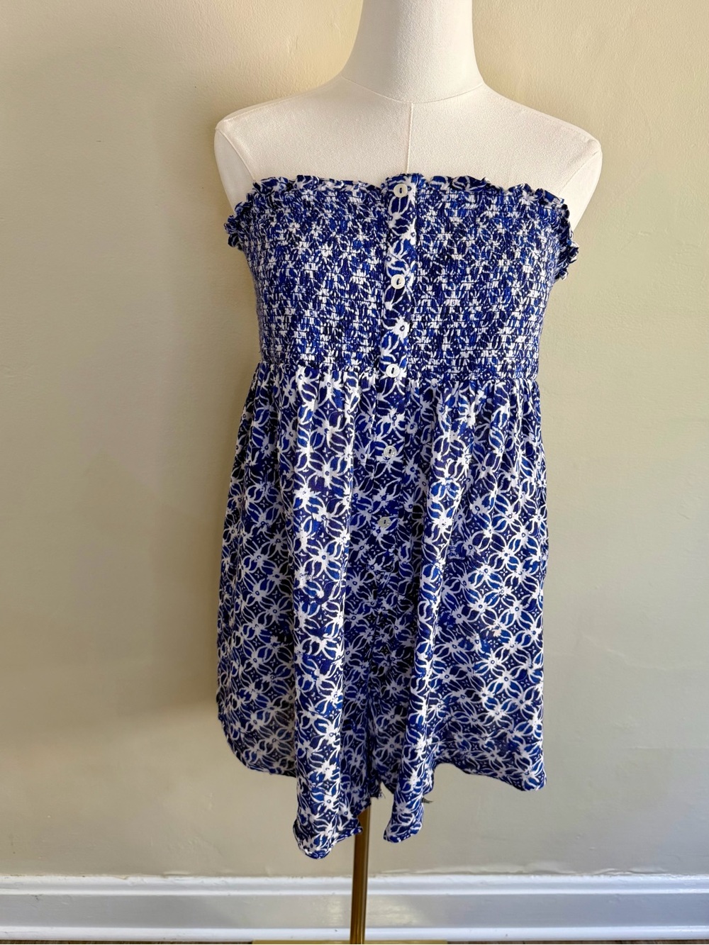 Anthropologie Blue and White Smocked Strapless Romper